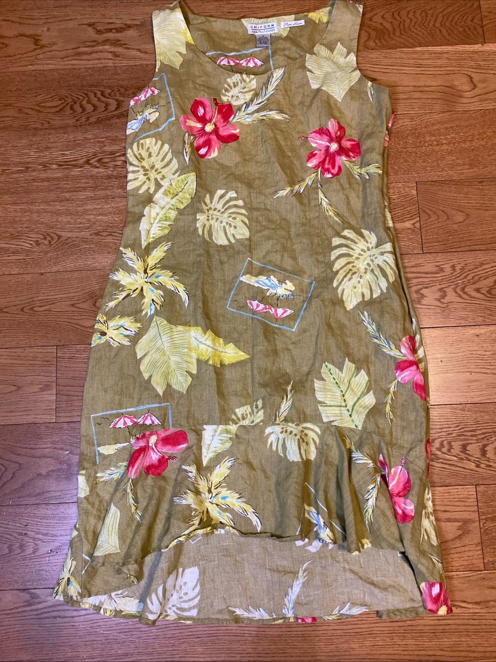 Vintage 90s John Paul Richard Linen Tropical Dress 12 Ruffle High Low Coastal